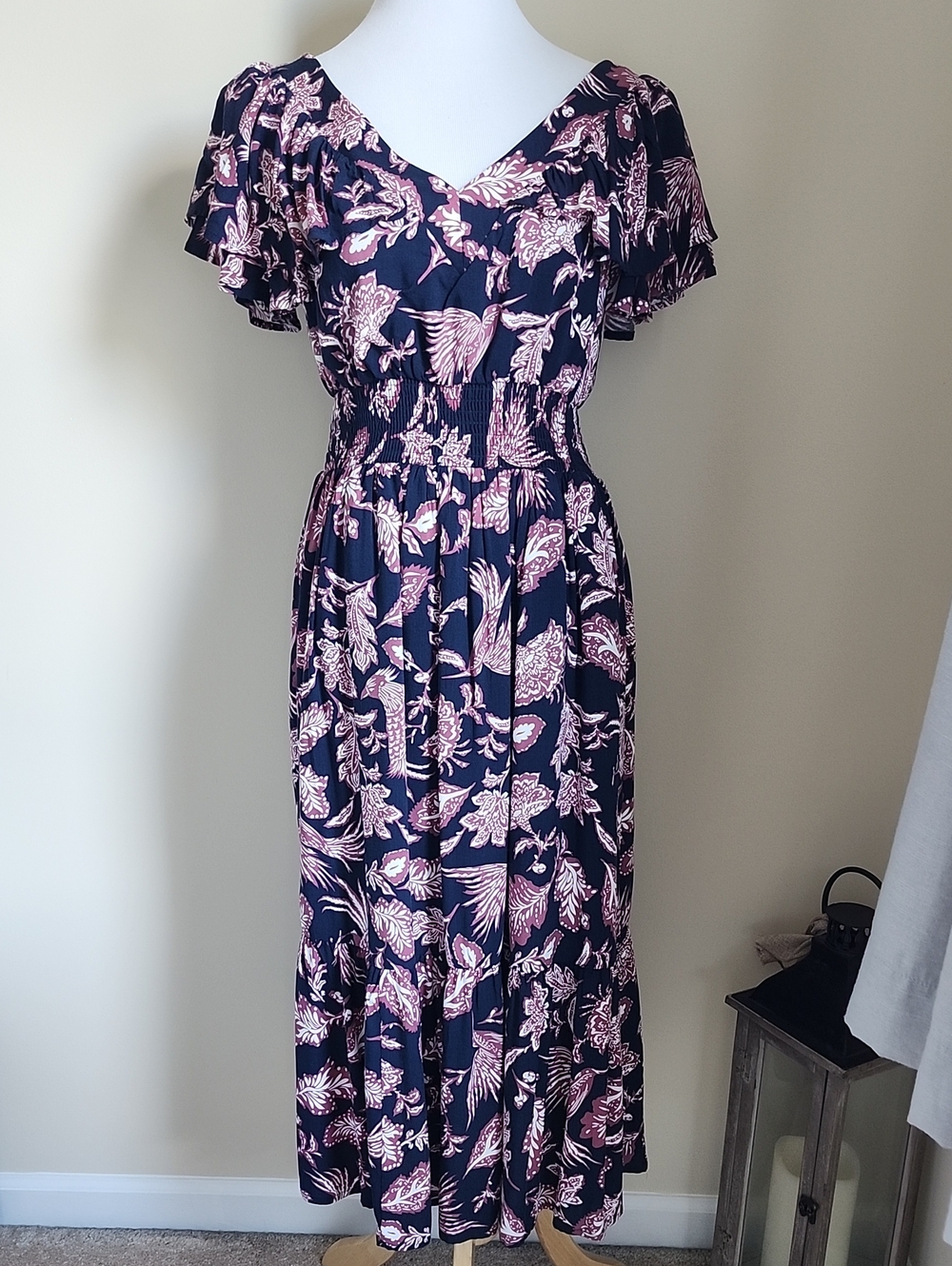 Maurices Navy Maxi Dress with Plum Floral Leafy Pattern